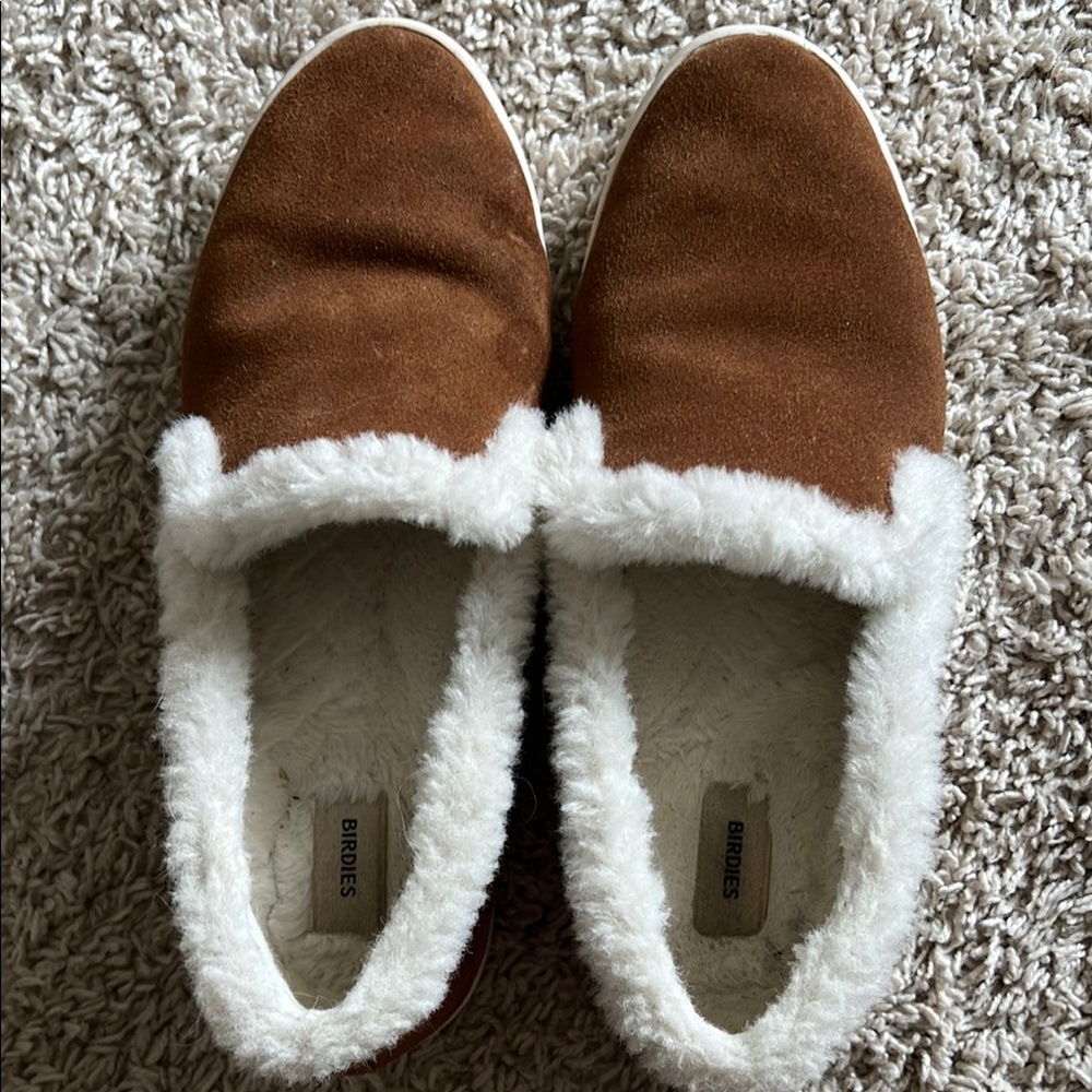 Brown Suede Slippers with White Fur Lining
